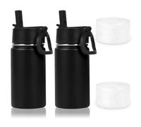 Volhoply 410ml 14oz Water Bottle with Straw Lid and Silicone Boot Bulk 2 Pack,Stainless Steel Insulated Tumbler for Boys & Girls Multipack,Double Wall Vacuum Leakproof Kids Bottles(Black,2)