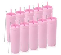 Volhoply 550ML Plastic Skinny Tumblers Bulk 10 Pack,Double Wall Tumbler with Lid and Straw,BPA Free Matte Acrylic Iced Coffee Cups for Parties(Pink, 10 Set)