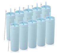 Volhoply 550ML Plastic Skinny Tumblers Bulk 10 Pack,Double Wall Tumbler with Lid and Straw,BPA Free Matte Acrylic Iced Coffee Cups for Parties(Blue, 10 Set)