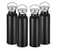 Volhoply 600ml Insulated Water Bottles Bulk Four Pack,Stainless Steel Double Wall Sport Bottle with Lid of Handle,Metal Reusable Flask with Cup Cap for School,Hikers,Gift (Black,Set of 4)