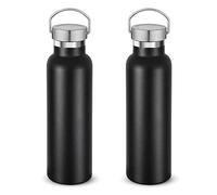 Volhoply 600ml Insulated Water Bottles Bulk Two Pack,Stainless Steel Double Wall Sport Bottle with Lid of Handle,Metal Reusable Flask with Cup Cap for School,Hikers,Gift (Black,Set of 2)