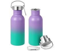 Volhoply 600ml Uninsulated Single Walled Water Bottles 2 Pack, Stainless Steel Reusable Water Bottle with Handle & Carabiner, BPA Free 18/8 304 Sports Water Bottles for Camping Hiking（Purple Green,2）