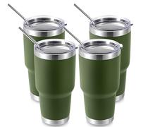 Volhoply 900ml 30oz Insulated Tumbler with Lid and Straw, Double Wall Inner & Outer 304 Stainless Steel Tumblers Bulk, Powder Coated Coffee Cup for Office, Home, Travel (Army Green,4 Pack)