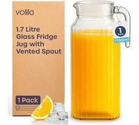 volila 1.7L Glass Fridge Jug With Lid - Ribbed Water Pitcher With Handle & Vented Spout For Juice, Pimms, Picnics, Camping, Drinks Storag