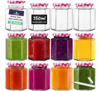 volila 12 Pack 350Ml Hexagonal Glass Jam Jars With Airtight Red Gingham Lids For Preserves, Sauces, Crafts, Pickles, Storage, Gifts