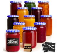 volila 12 Pack Preserving Jars - 350Ml Round Glass Jam Jars With Blue Gingham Lid, Storage Jars, Preserve Jars