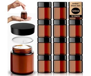 volila 120Ml Amber Glass Jars With Lids - 12 Travel Cosmetic Pots For Cream, Powder, Uv Protection With Spatula & Inner Liner