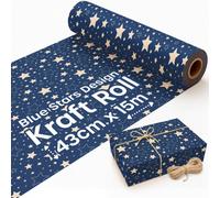 volila 15M Christmas Wrapping Paper, Kraft Paper Roll With Blue Star, Eco Friendly, Recyclable With Twine Included For Christmas Gifts