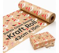volila 15M Christmas Wrapping Paper, Kraft Paper Roll With Santa Claus, Eco Friendly, Recyclable With Twine Included For Christmas Gifts