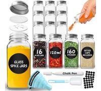 volila 16 Glass Spice Jars With Lids, Labels, Chalk Pen & Funnel - Refillable Square Storage For Herbs, Seasonings & Salt