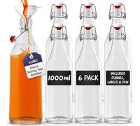 volila 1L Flip Top Bottles with Stoppers - 1000ml Clear Swing Top Bottles for Homebrewing and Beverages - with Leak Proof Caps, Labels, Pen and Funnel (6 Pack)