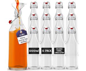 volila 1L Flip Top Bottles with Stoppers - 1000ml Clear Swing Top Bottles for Homebrewing and Beverages - with Leak Proof Caps, Labels, Pen and Funnel (12 Pack)