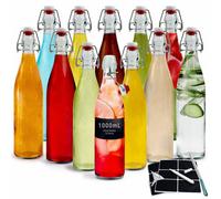 volila 1L Flip Top Glass Bottles With Leakproof Swing Stoppers - Clear Reusable Homebrew Containers With Labels, Funnel, Pen - 12 Pack
