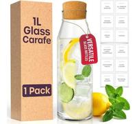 volila 1L Glass Carafe With Cork Lid Water Bottle, Juice Jug, Milk Storage, Detergent Container - Multi-Functional For Home & Kitchen