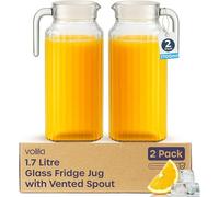 volila 2 Pack 1.7L Glass Fridge Jugs With Handles - Clear Ribbed Pitchers With Vented Lids For Juice, Water, Pimms, Picnics, Camping, Hom
