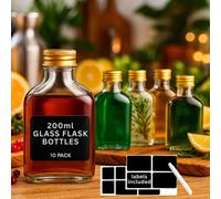 volila 200Ml Glass Flask Bottles - 10 Pack With Gold Screw Lids, Labels & Pen - Reusable For Gin, Homebrews & Homemade Vinegar