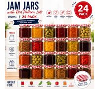 volila 24 Pack Hexagonal Glass Jam Jars 190ml with Airtight Red Gingham Lids in Clear volila Clear 24 Pack