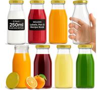 volila 250Ml Glass Bottles With Gold Lids- 8 Pack Reusable Bottles For Juices, Sauces, Beverages, Storage & Decoration, Labels Included