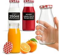 volila 250Ml Glass Milk Bottles With Red Gingham Lids - 4 Pack With Labels & Pen For Juices, Sauces, Diy Decor, & Storage