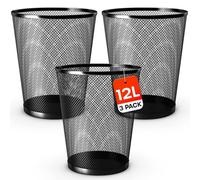 volila 3X Black Metal Bins - 12L Mesh Waste Bin For Office, Bedroom, Living Room Or Kitchen