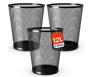 volila 3X Black Metal Bins - 12L Mesh Waste Bin For Office, Bedroom, Living Room Or Kitchen