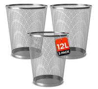 volila 3X Silver Metal Bins - 12L Mesh Waste Bin For Office, Bedroom, Living Room Or Kitchen