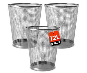 volila 3X Silver Metal Bins - 12L Mesh Waste Bin For Office, Bedroom, Living Room Or Kitchen