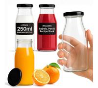 volila 4 Pack Reusable Glass Milk Bottles 250ml with Lids, Labels & Pen in Black volila Black 250ml