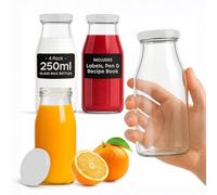 volila 4 Pack Reusable Glass Milk Bottles 250ml with Lids, Labels & Pen in White volila White 250ml