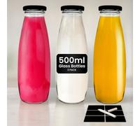 volila 500Ml Glass Milk Bottles - With Airtight Gingham Lids, Lids, Labels & Pen, 3 Reusable Containers For Juices, Sauces & Dressings