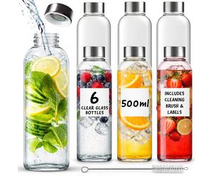 volila 6 Pack Glass Bottles Leakproof with Lids, Brush & Labels for Drinks in Clear | Size: 1000ml volila Clear 1000ml
