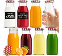 volila 8 Pack Glass Milk Bottles With Red Gingham Lids 250Ml Reusable Bottles For Juices, Sauces, Beverages, Storage, And Decoration