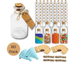 volila 80X Mini Glass Bottles- 50Ml With Cork, Funnel & Custom Labels - Perfect For Wedding Favours, Shots & Crafts
