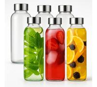 volila Clear Glass Water Bottle, 1L 6 Reusable Bottles With Metal Lids, Labels & Cleaning Brush