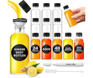 volila Ginger Glass Shot Bottles Mini Set of 24 x 2oz or 60ml with Pouring Funnel, 48 Round Stickers and Chalk Pen for Labelling, Essential Oils, Whisky, Alcohol, Wedding Favours Décor, Clear - Pack