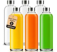 volila Glass Bottles with Lids - 6 Pack 1000ml Leakproof, Reusable Glass Drinking Bottle for Water, Juice, Milk and Smoothie - with Airtight Metal Lids, Cleaning Brush and White Labels