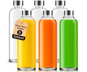 volila Glass Bottles with Lids - 6 Pack 1000ml Leakproof, Reusable Glass Drinking Bottle for Water, Juice, Milk and Smoothie - with Airtight Metal Lids, Cleaning Brush and White Labels