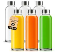 volila Glass Bottles with Lids - 6 Pack 500ml Leakproof, Reusable Glass Drinking Bottle for Water, Juice, Milk and Smoothie - with Airtight Metal Lids, Cleaning Brush and White Labels