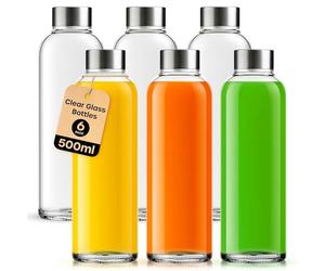 volila Glass Bottles with Lids - 6 Pack 500ml Leakproof, Reusable Glass Drinking Bottle for Water, Juice, Milk and Smoothie - with Airtight Metal Lids, Cleaning Brush and White Labels