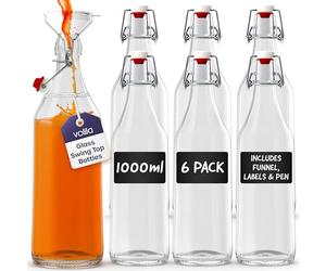 volila Glass Bottles with Stoppers - 1000ml Clear Swing Top Bottle for Homebrewing and Beverages - 1L Flip Top Bottles with Leak Proof Caps, Labels, Pen and Funnel (6 Pack)