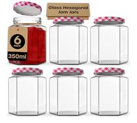 volila Glass Jars with Lids 350ml - 6 Pack Hexagonal Jars with Red Gingham Screw Top Lids - Airtight Glass Jars with Lids for your Homemade Jam, Marmalade and Chutney - Jam Jars with Lids