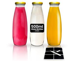 volila Glass Milk Bottles with Lids - 3 Pack x 500ml Glass Bottles with Lids, Labels, and Pen - Reusable Milk Bottle for Juices, Dressings, Sauces, Beverages, Decoration and Storage (Gold Lid)