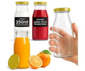 volila Glass Milk Bottles with Lids - 4 Pack x 250ml Glass Bottles with Lids, Labels, and Pen - Reusable Milk Bottle for Juices, Dressings, Sauces, Beverages, Decoration and Storage (Gold Lid)