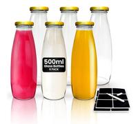 volila Glass Milk Bottles with Lids - 6 Pack x 500ml Glass Bottles with Lids, Labels, and Pen - Reusable Milk Bottle for Juices, Dressings, Sauces, Beverages, Decoration and Storage (Gold Lid)