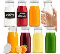 volila Glass Milk Bottles with Lids - 8 Pack x 250ml Glass Bottles with Lids, Labels, and Pen - Reusable Milk Bottle for Juices, Dressings, Sauces, Beverages, Decoration and Storage (WhiteLid)