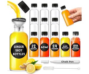 volila Glass Shot Bottles with lids - 12 Pack 60ml Leak Proof Small Glass Bottles for Juice, Oils, Liquor, Potion - Ginger Shot Bottles with Funnel, Brush, Labels, Pen and Shrink Wrap