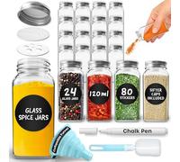 volila Glass Spice Jars with Lids and Labels for Herbs and Spices - 120ml Square Spice Jars Storage for Kitchen Organisation - Comes with Stickers, Pen, Cleaning Sponge and Funnel (24 Pack)