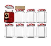 volila Hexagonal Glass Jam Jars 190ml with Airtight Red Gingham Lids in Clear | Size: 8 Pack volila Clear 8 Pack