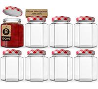 volila Jam Jars with Lids 190ml - 8 Pack Hexagonal Small Jars with Red Gingham Screw Top Lids - Airtight Glass Jars with Lids for Homemade Jam, Marmalade, and Chutney - Glass Jars with Lids