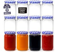 volila Jam Jars with Lids - 350ml Round Jam Jars with Blue Gingham Screw Top Lids - Airtight Jars with Lid for Jam, Preserves, Marmalade and Pickle - Preserving Jars with Labels and Pen (12 Pack)